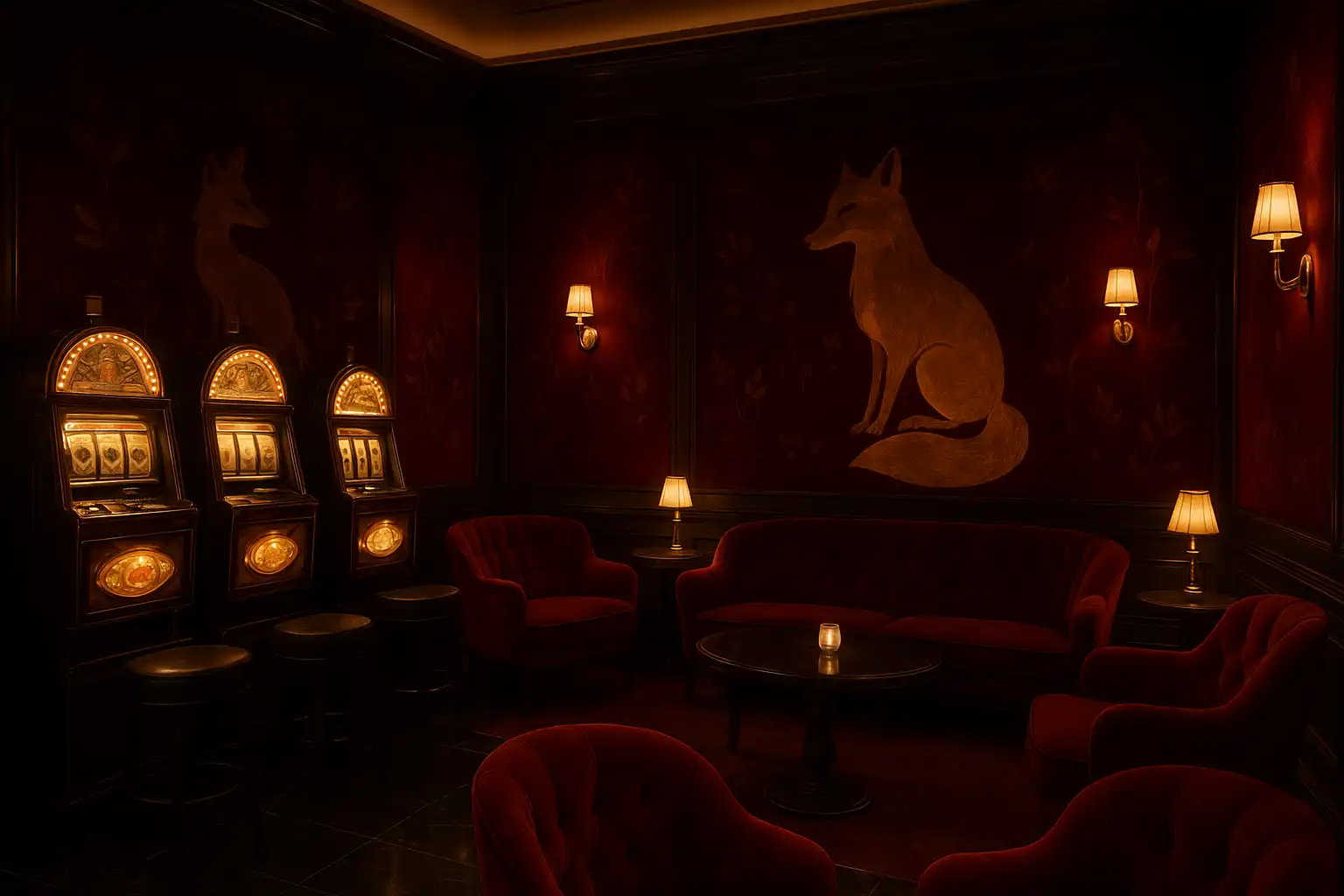 Luxury FoxyFlush lounge interior with golden lighting and black marble